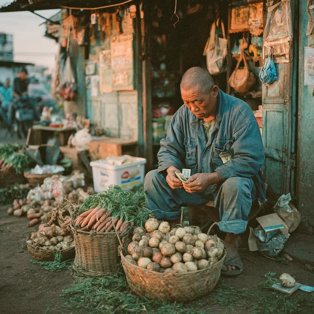 An elderly man, dressed in a blue work jacket, sits outside a rustic shop, counting money.  Baskets overflowing with potatoes, carrots, and greens are arranged around him, suggesting a produce stall.  The setting appears to be a bustling outdoor market in a developing country, with a background showing other vendors and activity. The overall mood is one of quiet industry and daily life.