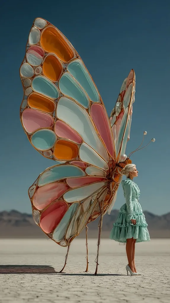 A woman in a pale green dress stands beside a giant, whimsical butterfly sculpture in a desert landscape. The butterfly's wings are composed of colorful, translucent segments, resembling stained glass.  The scene is surreal and dreamlike, with the vast, empty expanse of the desert emphasizing the scale of the artwork. The overall aesthetic is elegant and artistic.