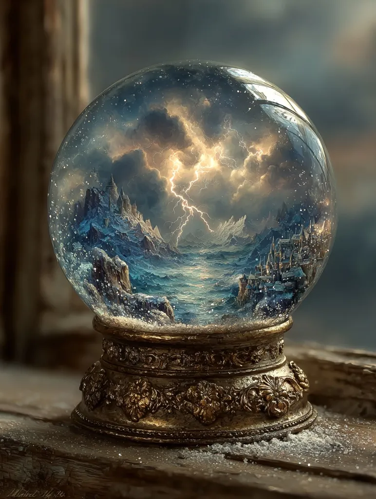 A snow globe rests on a wooden surface, its ornate gold base gleaming. Inside, a miniature winter landscape unfolds: snow-covered mountains, a stormy sea, and a castle town.  Lightning dramatically illuminates the scene, creating a captivating contrast between the serene snow and the fierce weather.  The globe's glass is delicately dusted with artificial snow, enhancing the overall magical effect.