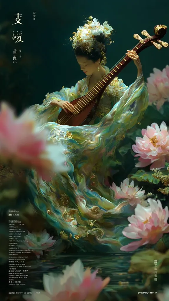 A woman in a flowing, iridescent green and gold gown sits amidst water lilies, playing a pipa. Her elaborate hairstyle is adorned with white flowers. The scene is ethereal and dreamlike, with soft lighting and a focus on the flowing fabric and delicate details.  The image evokes a sense of serenity and ancient Chinese elegance.