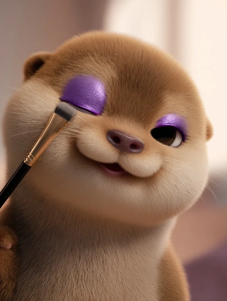 A cute, cartoon otter is having its eye makeup applied.  A makeup brush delicately adds shimmery purple eyeshadow to its eyelid. The otter's fur is light brown and soft-looking, and its expression is sweet and playful. The image is digitally rendered with a focus on realistic fur texture and soft lighting.