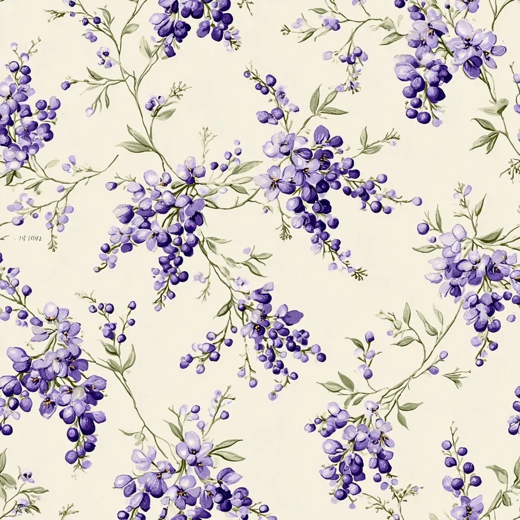 A seamless pattern featuring delicate purple floral bouquets on a creamy off-white background. The design showcases clusters of small, round purple flowers and buds arranged along elegant, slender stems with small green leaves. The overall style is reminiscent of vintage botanical illustrations, creating a charming and romantic aesthetic. The repetitive pattern is suitable for various applications like textiles or wallpapers.
