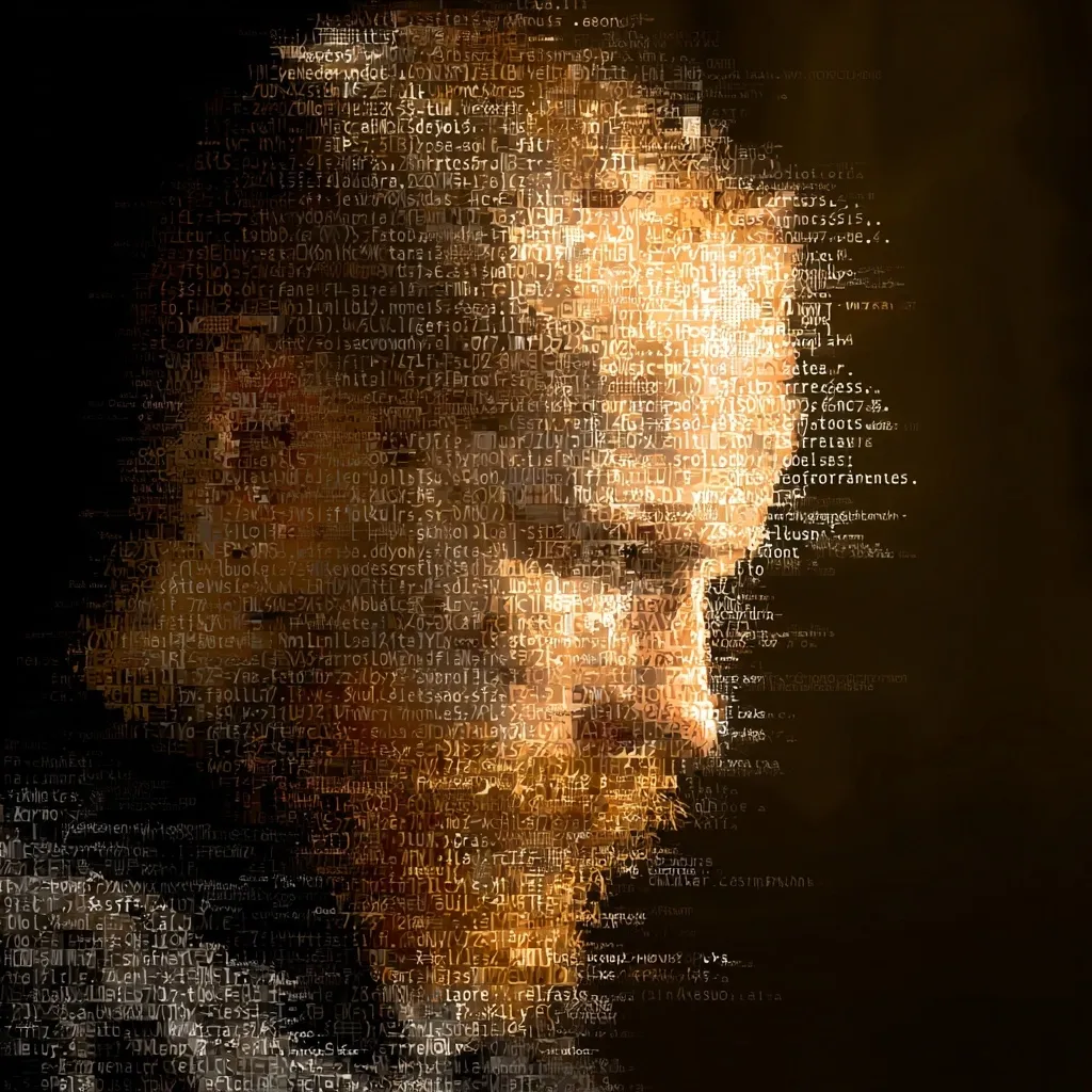An abstract portrait is formed from a dense aggregation of text.  The text appears to be code or a foreign language, creating a mosaic-like effect. The image is predominantly warm-toned, with shades of gold and brown dominating the palette. The figure's profile is subtly discernible within the chaotic arrangement of words and characters, suggesting a connection between human identity and digital information.  The dark background contrasts sharply with the luminous text, drawing attention to the intricate detail of the face.