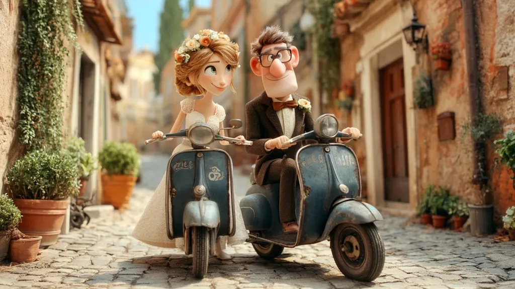 A charming animated couple, dressed in wedding attire, joyfully ride vintage Vespa scooters down a quaint cobblestone street in a picturesque Italian village.  The bride wears a floral crown, and the groom sports glasses and a bow tie.  The scene is filled with rustic charm and vibrant sunlight.  The image evokes a sense of romance and idyllic happiness.