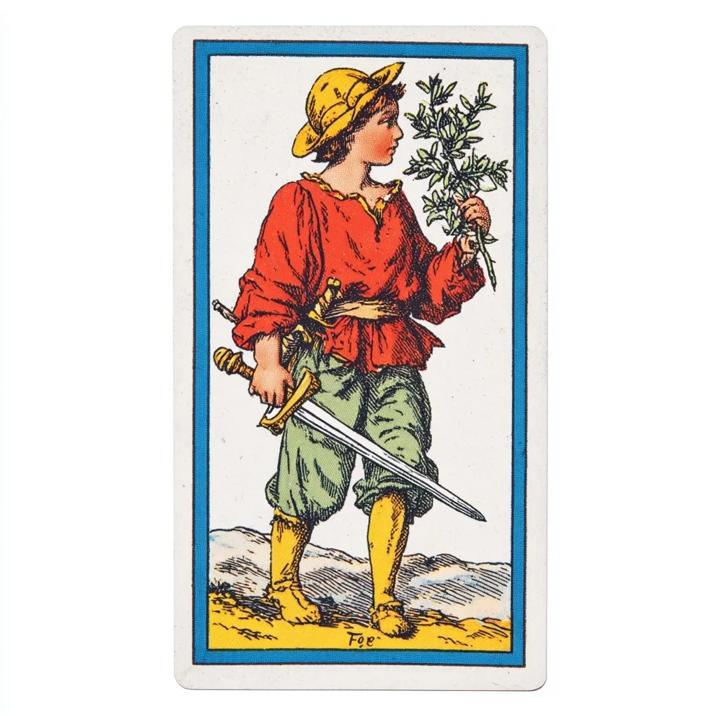 The image shows a card depicting a young boy, possibly a page or squire. He wears a red tunic, green breeches, and yellow boots, along with a yellow hat. He holds a sprig of greenery in one hand and a sword in the other.  The card's border is blue, and the background suggests a landscape. The style is reminiscent of antique playing cards or tarot imagery. The word "Fge" is visible at the bottom.