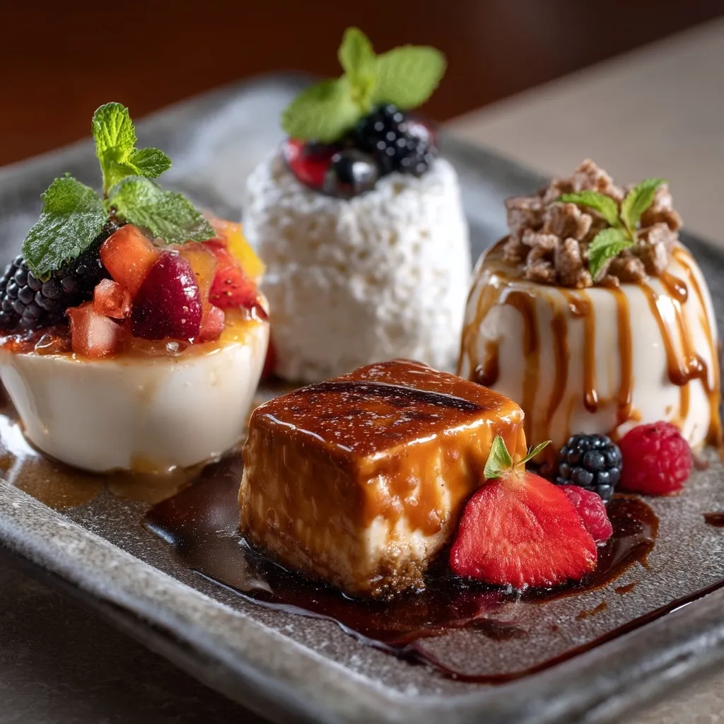 A delectable dessert platter features four miniature delights.  A creamy panna cotta is topped with caramel and crunchy bits, alongside a refreshing fruit salad in a custard cup.  A classic panna cotta with berries sits beside a rich, caramelized flan.  The artful arrangement is drizzled with a dark sauce, enhancing the visual appeal.