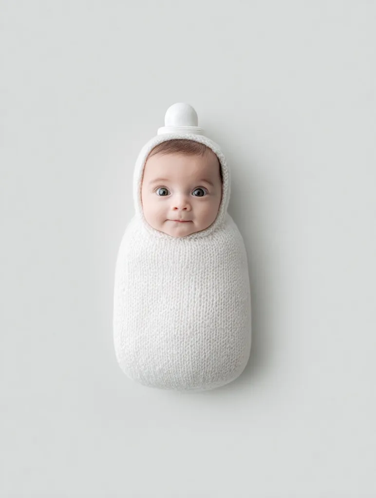 An adorable baby is nestled in a cozy, off-white knitted cocoon, resembling a bottle.  A small, white cap sits atop their head. The baby's face is visible, displaying a sweet, curious expression. The image is minimalistic, with a plain light gray background, focusing attention on the infant. The overall impression is one of warmth, innocence, and gentle contentment.