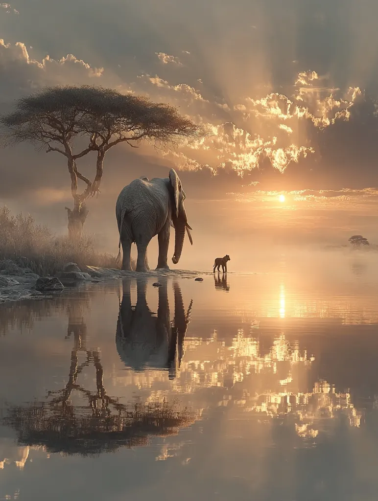 A majestic elephant and a small lion cub stand by a tranquil body of water at sunset.  The golden light reflects beautifully on the calm surface, creating a mirror image of the scene.  A lone acacia tree stands silhouetted against the vibrant sky, completing the serene African landscape. The atmosphere is peaceful and evokes a sense of the wild.