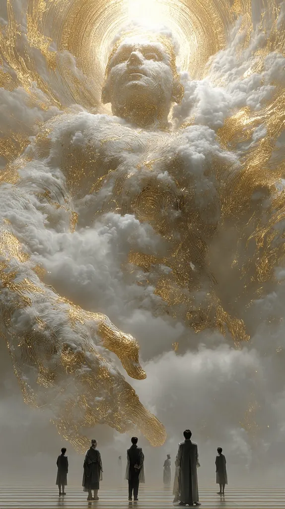 A colossal, golden-veined figure emerges from clouds, its face serene and monumental.  The figure's form is partially obscured by swirling mists, lending an ethereal quality. Below, several small figures stand, dwarfed by the celestial being, creating a powerful sense of scale and awe. The overall aesthetic is one of divine grandeur and mystery.