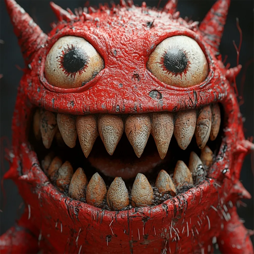A close-up reveals a whimsical, 3D-rendered creature.  Its vibrant red body is textured and worn, resembling aged paint or skin.  Large, expressive eyes with dark pupils and splotches of white contrast with a wide, toothy grin revealing numerous pointed teeth, also showing signs of wear.  Small horns sprout from its head, enhancing its mischievous, almost cartoonish appearance.