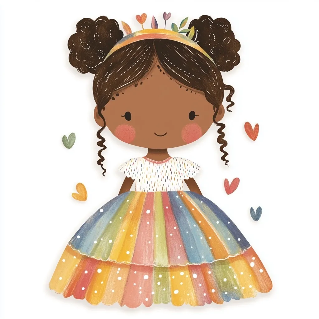 An illustration of a cute Black girl with curly hair in pigtails.  She wears a rainbow-striped dress with a white bodice, adorned with a floral crown. Small hearts float around her, adding to the whimsical, cheerful aesthetic. The style is digitally painted, with a soft, textured look.