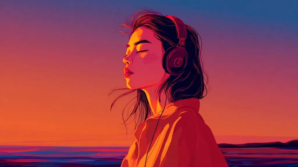 A stylized illustration depicts a young woman, eyes closed, wearing over-ear headphones.  Her dark hair blows gently in the breeze as she stands facing a vibrant sunset over a calm body of water. The warm, saturated colors of the scene evoke a feeling of peace and tranquility. The overall style is digital art, with bold outlines and a strong emphasis on color contrast.