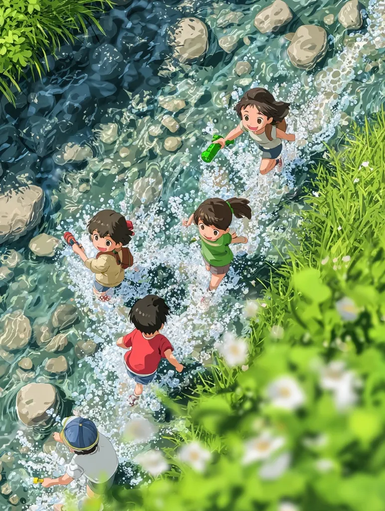 Four children joyfully splash through a shallow stream, their laughter echoing amidst the bubbling water.  Rocks line the stream bed, and lush green vegetation borders the waterway.  The children carry small toys, enjoying a carefree summer day in nature.  A fifth child, partially obscured by greenery, observes from the bank. The scene is bright, cheerful, and evokes a sense of youthful adventure.