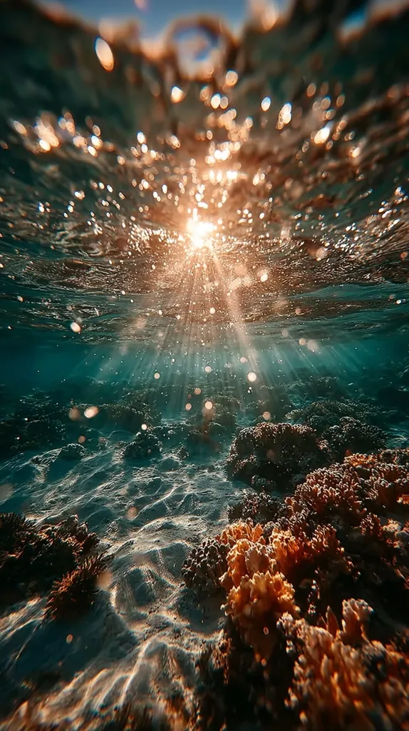 An underwater scene bathed in sunlight.  Sunbeams pierce the surface, illuminating a vibrant coral reef on the ocean floor.  Bubbles rise through the water, creating a shimmering effect. The sandy bottom is visible, contrasting with the colorful coral formations. The image evokes a sense of tranquility and the beauty of the underwater world.
