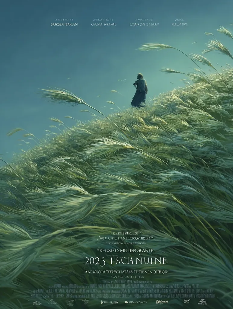 A lone figure walks through a tall grass field under a clear sky in the movie poster for "2025 15cianuine."  The film's title and credits are displayed, along with the tagline, "Kensits Mffieber Geante," suggesting a story of mystery and perhaps a journey. The color palette is muted greens and blues, evoking a sense of serenity and isolation.