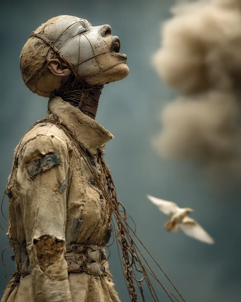 A striking image depicts a weathered, almost skeletal figure, its head tilted back, seemingly exhaling dust.  The figure's body is composed of tattered fabric and wire, suggesting decay or constraint.  A small bird flies in the background, contrasting with the stillness of the main subject. The overall aesthetic is one of haunting beauty, blending elements of decay and transcendence.