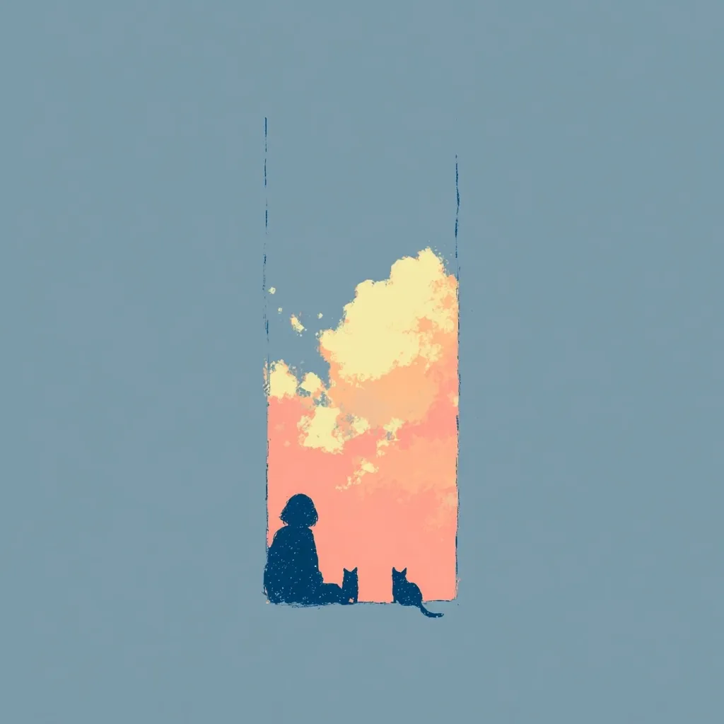 A minimalist illustration depicts a person sitting with two cats, silhouetted against a rectangular window frame.  The window reveals a pastel sunset sky filled with soft, fluffy clouds.  The overall mood is serene and contemplative, suggesting a peaceful moment of observation. The color palette is muted and calming.