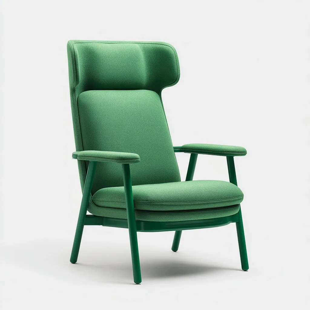 A solid green armchair with a high back and armrests is shown against a white background.  The chair features a padded seat and back upholstered in a textured fabric. Its legs and armrests are made of a matching solid green material, providing a cohesive design. The overall style is modern and minimalist.