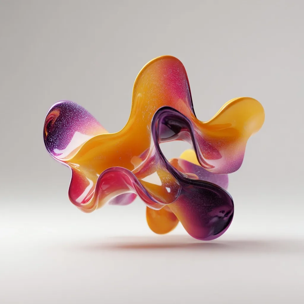 An abstract, three-dimensional sculpture is presented, featuring flowing, organic forms.  The piece is composed of multiple interconnected lobes, exhibiting a gradient of colors ranging from deep purple to vibrant orange and yellow.  The glossy surface suggests a smooth, possibly glass-like, material.  The artwork is displayed against a minimalist, off-white background, allowing the colors and shapes to be the focal point.