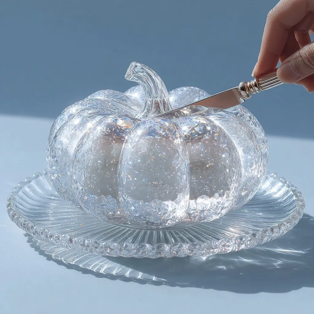 A hand holds a silver butter knife poised above a crystal pumpkin-shaped butter dish.  The dish sits on a clear glass plate with a scalloped edge.  The iridescent glass of the pumpkin catches the light, creating a sparkling effect. The scene is minimalist and elegant, set against a pale blue background.