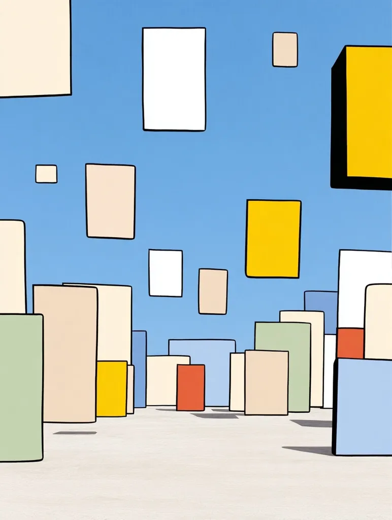 An abstract illustration features a cityscape composed of various-sized rectangular blocks in pastel colors against a bright blue sky.  The blocks are arranged in a seemingly random yet balanced composition, creating a sense of depth and perspective.  The overall style is simplistic and playful, reminiscent of children's drawings or minimalist art.  The light beige, pale yellow, and sage green tones contrast beautifully with the bolder yellows and oranges.
