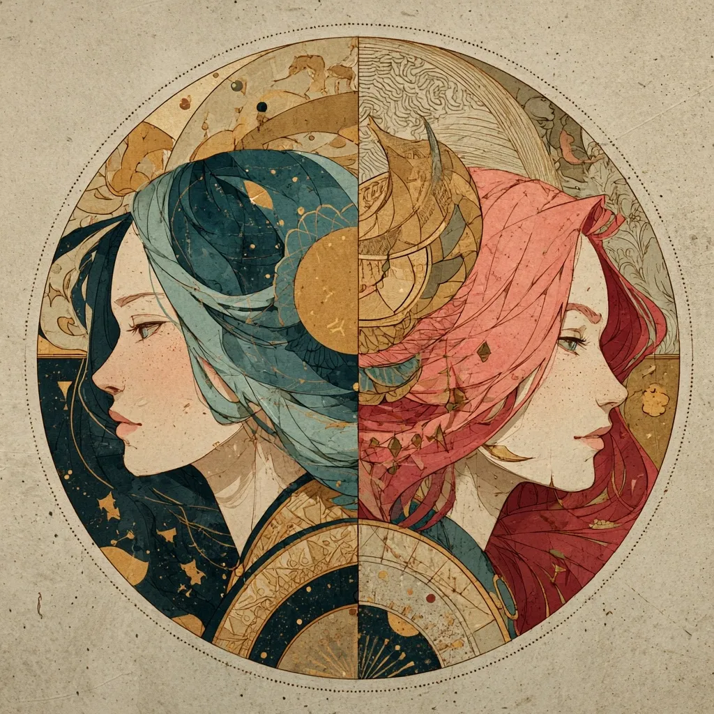 A circular artwork depicts two women's profiles, their hair forming a yin-yang symbol. One has teal hair adorned with celestial elements, the other, pink hair with intricate patterns.  Both are rendered in a vintage style with muted golds, blues, and pinks against a beige background.  The artwork incorporates astrological and geometric details, suggesting a duality or cosmic balance.  The overall aesthetic is elegant and mystical.