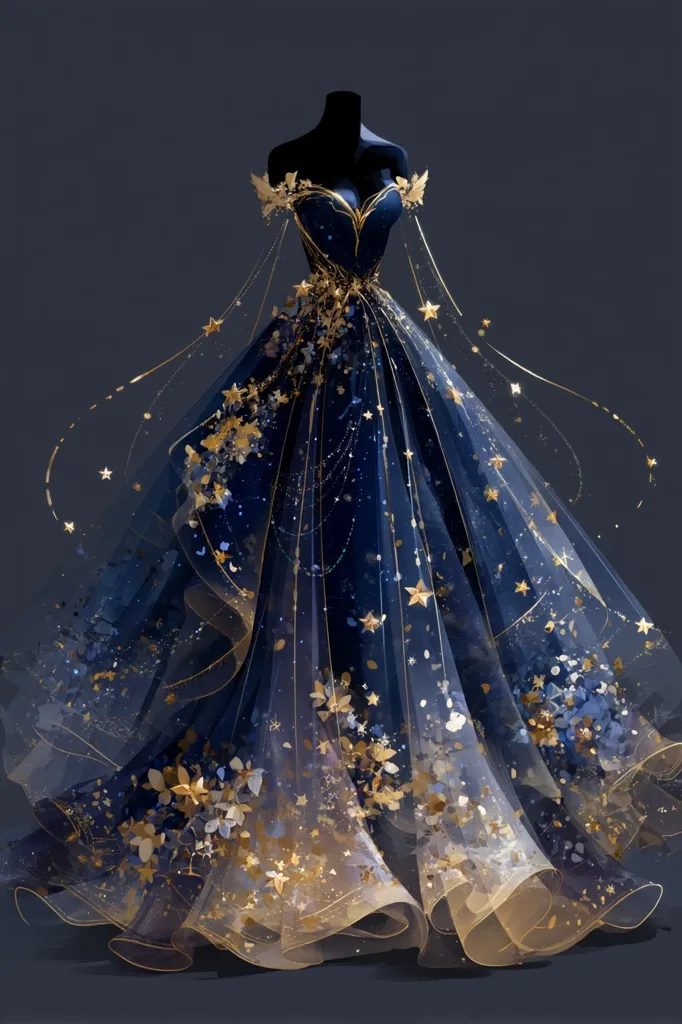 A breathtaking off-shoulder ball gown in navy blue is adorned with gold stars and delicate floral accents.  The tulle layers create a dreamy, ethereal effect, cascading gracefully to the floor.  The gown's design evokes a celestial theme, reminiscent of a night sky sprinkled with starlight.  It’s a fairytale-like creation, perfect for a special occasion.