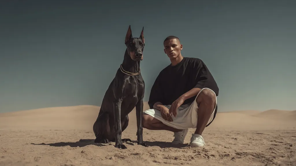 A young man with short hair crouches in a desert setting beside a black Doberman Pinscher.  The man wears a black oversized shirt and off-white shorts, and white sneakers. The dog wears a gold chain collar.  The backdrop is a vast expanse of sand dunes under a clear, pale sky. The overall mood is calm and serene.