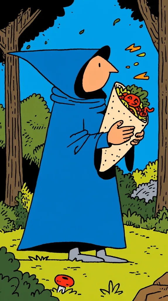 A cartoon figure, cloaked in blue robes, stands in a forest.  They carefully hold a large burrito filled with colorful ingredients.  The style is reminiscent of a comic book, with bold outlines and flat colors. The scene is bright and cheerful, with a whimsical touch.  A small red mushroom is visible at the base of the image.