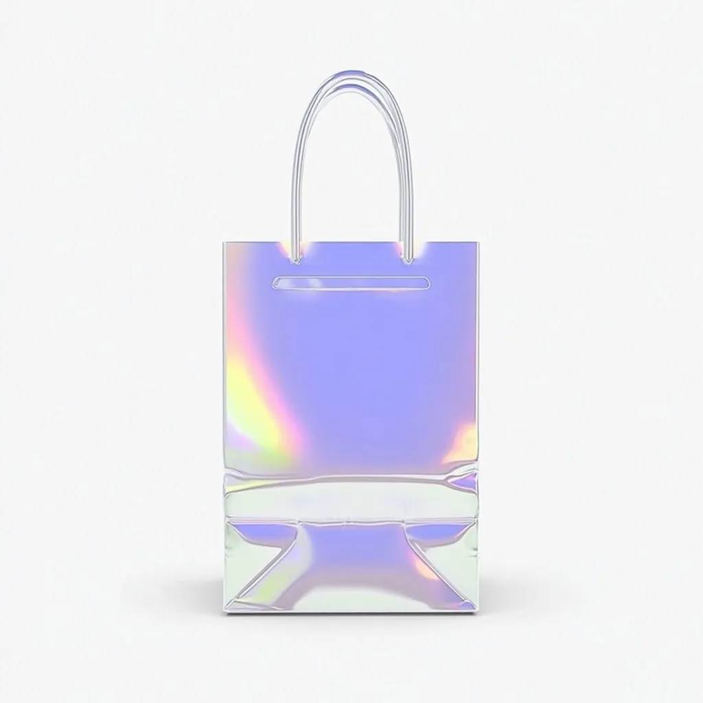 A holographic shopping bag, iridescent in pastel shades of purple, pink, and yellow, stands on a white background.  The bag features clear handles and a simple, rectangular design.  Its shimmering surface catches the light, creating a visually striking effect.  The bag is upright and appears empty.