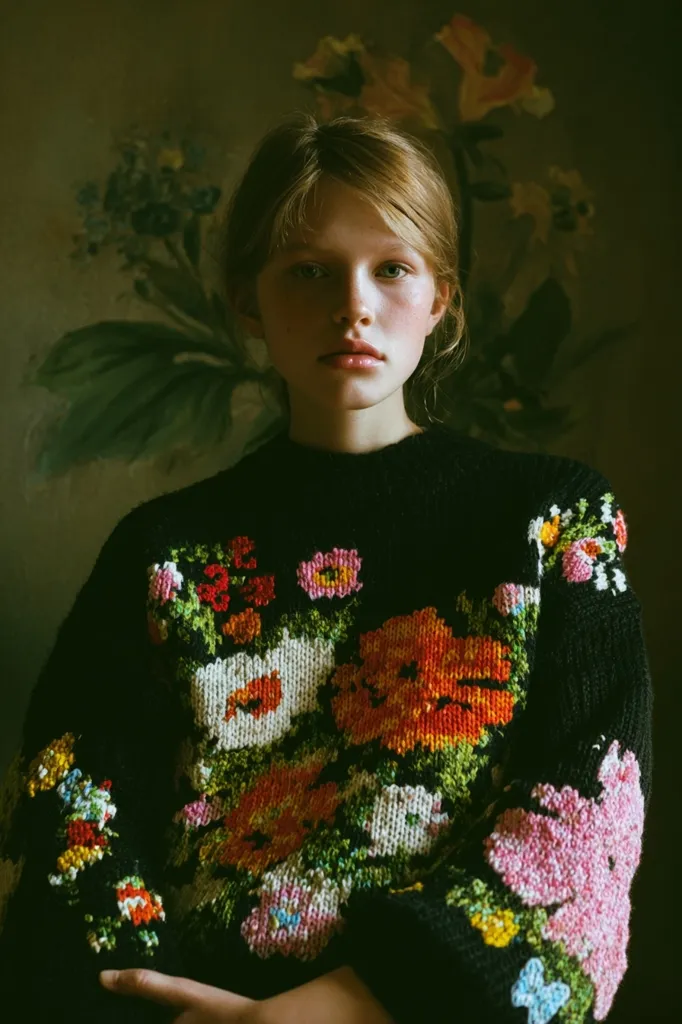 A young woman with fair skin and light brown hair sits against a painted floral backdrop. She wears a black, intricately embroidered sweater adorned with a vibrant array of colorful flowers.  Her expression is serene and direct, creating a captivating portrait. The image's dark, moody tones enhance the sweater's floral details and the model's pale complexion.