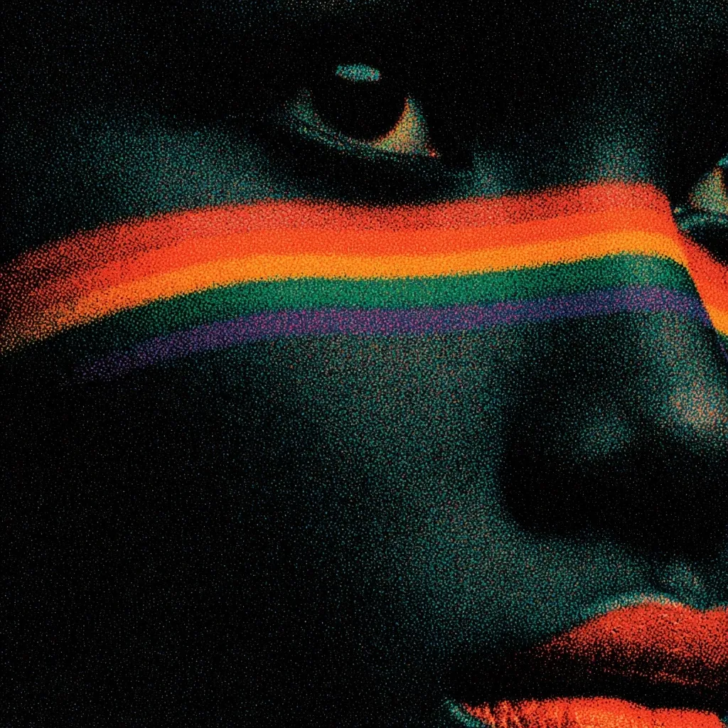 A close-up, stylized image depicts a person's face, partially obscured by shadows.  A vibrant rainbow stripe, rendered in a grainy, textured style, is painted across their cheek, covering part of their eye and nose. The overall effect is dark and moody, emphasizing the contrast between the bright colors and the deep shadows. The image evokes a sense of mystery and perhaps a celebration of diversity.