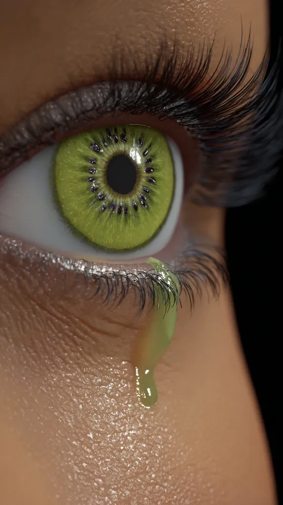 A close-up of an eye with a digitally altered iris resembling a kiwi fruit.  Long dark lashes frame the eye. A single, thick tear, the color of kiwi juice, runs down the cheek. The image is highly detailed, showcasing the texture of the skin and lashes. The contrast between the realistic eye and the surreal iris creates a striking visual effect.