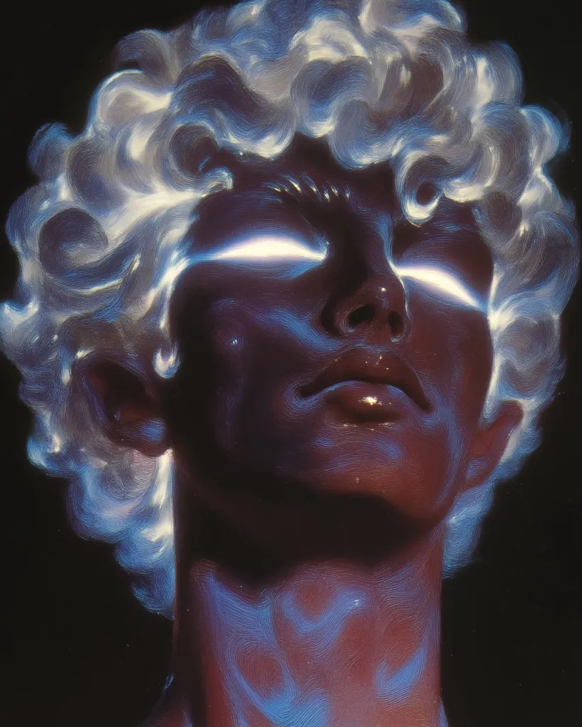 A stylized portrait of a person with dark skin and voluminous, light-colored, curly hair.  The face is rendered with impasto brushstrokes, creating a textured effect.  A soft, ethereal blue glow emanates from around the eyes, lending a surreal and otherworldly quality to the image. The overall style is reminiscent of both classical sculpture and digital art.
