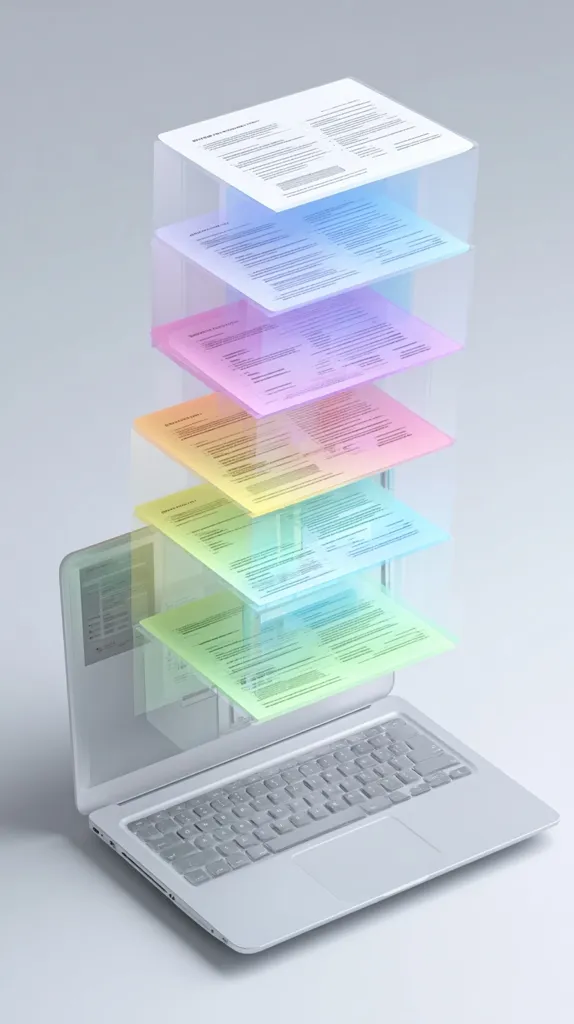 A stack of translucent documents, each a different pastel color, floats above a silver laptop.  The documents appear to be digital files, visually representing data transfer or cloud storage. The image suggests efficient digital organization and seamless data access via a modern laptop. The pastel hues create a clean and modern aesthetic.