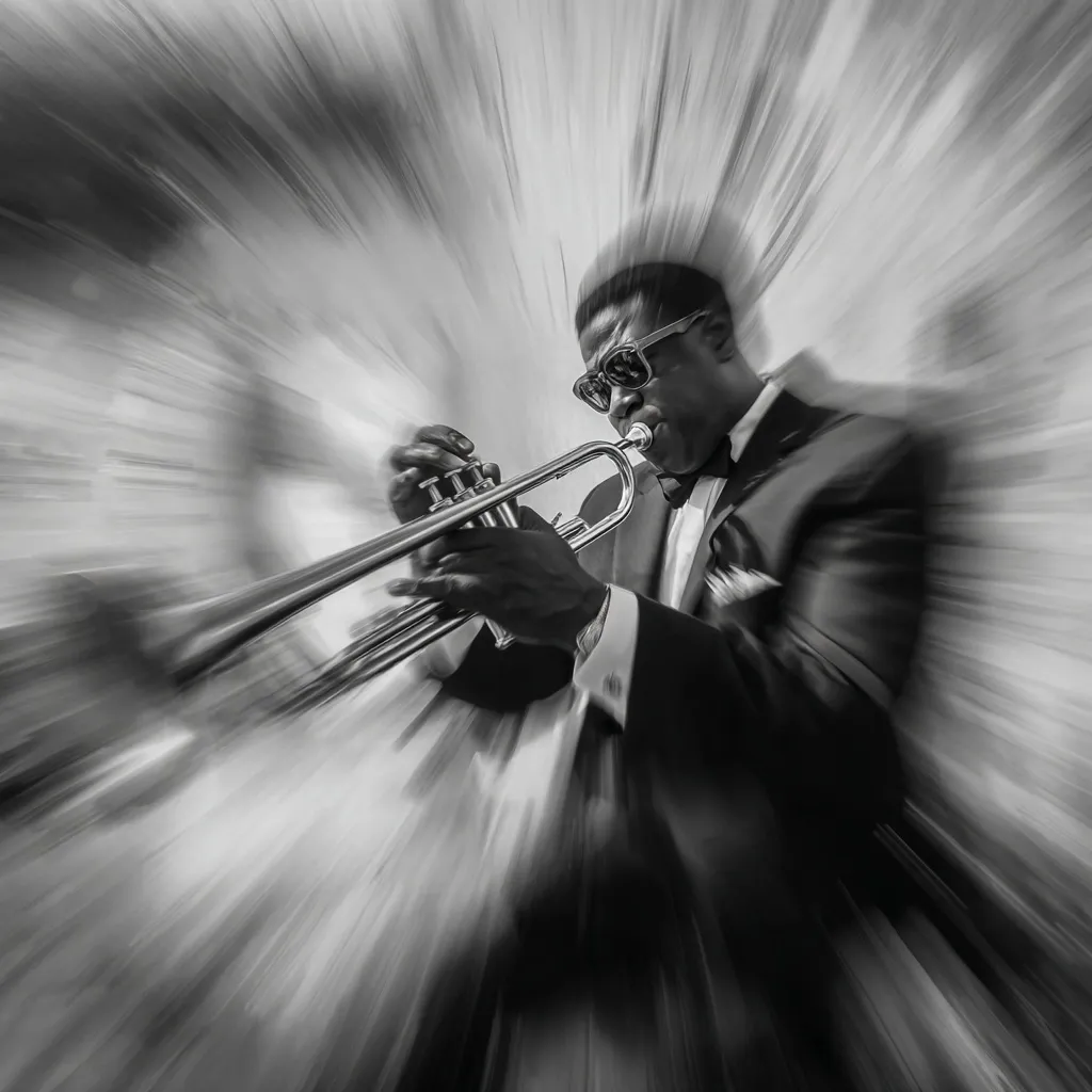 A black and white, dynamic image captures a jazz musician intensely playing a trumpet.  The photograph uses a zoom burst effect, creating a sense of motion and energy.  The musician, wearing sunglasses and a suit, is centrally positioned, his focus entirely on his instrument. The overall mood is one of passionate performance and musical intensity.