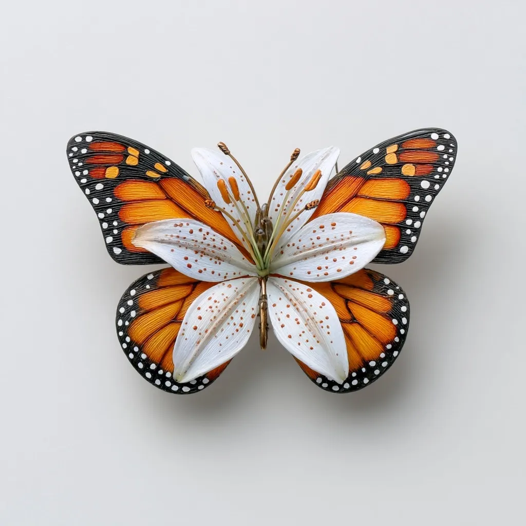 A striking brooch is depicted, showcasing a unique fusion of nature's artistry.  Intricate, orange monarch butterfly wings are seamlessly integrated with the pristine white petals of a lily.  The delicate detail in both the butterfly's markings and the lily's speckled petals creates a captivating piece, blending the vibrant hues of the insect with the pure elegance of the flower. The brooch rests against a simple, off-white background.