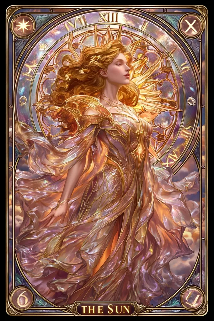 A radiant woman, adorned in a shimmering, gold-hued gown, stands within a stained-glass-like clock.  Her long, flowing blonde hair is adorned with sunflowers. The image is styled in Art Nouveau, with a celestial, ethereal quality. The words "THE SUN" are inscribed at the base, suggesting a representation of the astrological card or a sun goddess.  The overall effect is one of warmth, light, and mystical beauty.