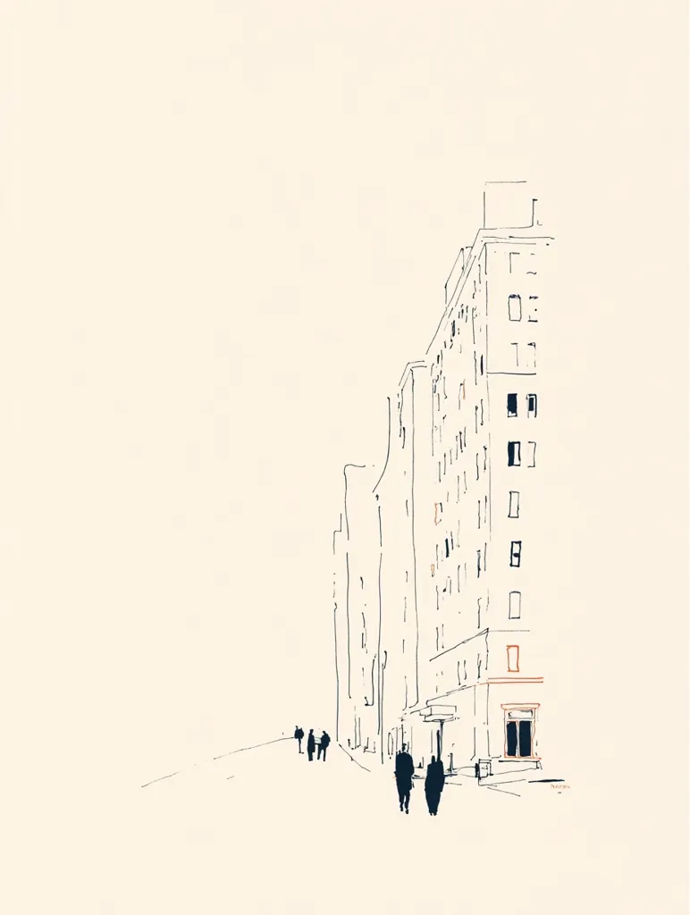A minimalist line drawing depicts a city street scene.  Tall buildings, rendered in simple lines, dominate the right side of the composition.  A few small figures, suggesting pedestrians, are subtly placed along the street, adding a sense of scale. The overall style is clean and evocative, with a light, airy feel.  The pale background enhances the delicate lines of the buildings and figures.