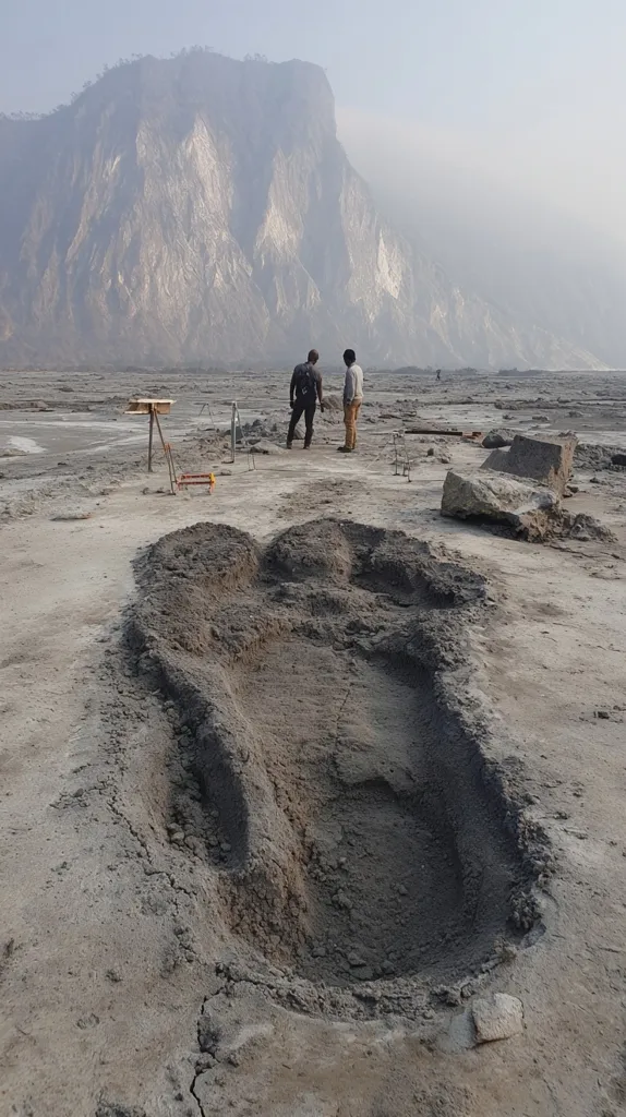 Three individuals stand observing a large, footprint-shaped depression in the ground.  The depression is filled with dark gray sediment, contrasting with the lighter colored surrounding terrain. A large, imposing mountain looms in the background under a hazy sky.  The scene suggests a geological survey or archaeological investigation.