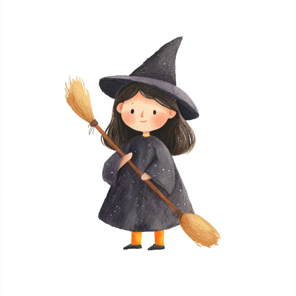 A charming watercolor illustration depicts a young girl dressed as a witch.  She wears a black pointed hat and robe adorned with subtle sparkle, holding a traditional straw broomstick.  Her expression is sweet and friendly, suggesting a playful Halloween character. The style is cute and whimsical, perfect for children's books or Halloween decorations.