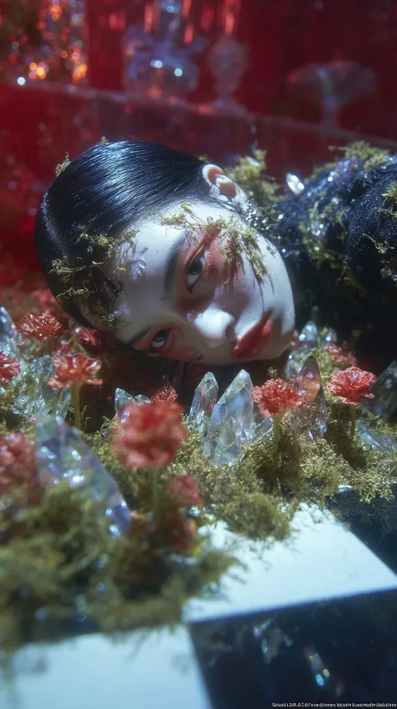 A young woman with dark hair lies partially submerged in a mossy, crystalline landscape.  Her face is partially obscured by the foliage and adorned with what appears to be makeup or paint.  Crystals and small red flowers surround her, creating a surreal and ethereal scene. The background is a blurry red, adding to the dreamlike quality of the image.  The overall mood is mystical and slightly melancholic.