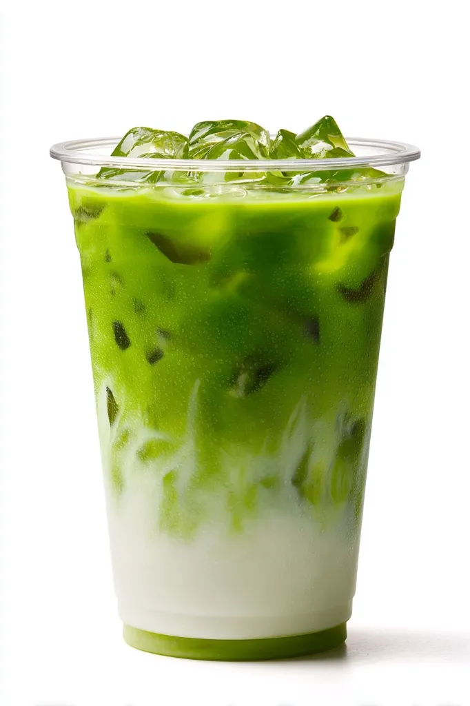 A refreshing iced matcha latte is showcased in a clear plastic cup.  The vibrant green matcha is layered over creamy milk, with ice cubes visible throughout. The drink appears smooth and subtly swirled, promising a delightful cool beverage.  The image is set against a clean white background, emphasizing the drink's attractive color and texture.