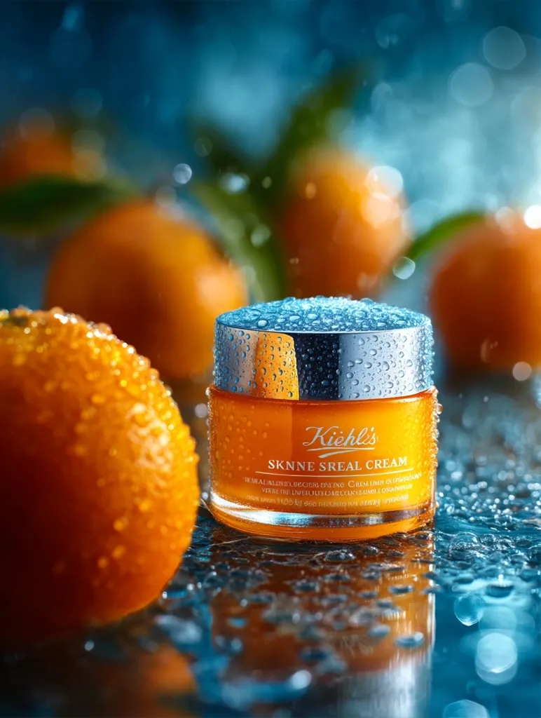 A jar of Kiehl's Skin Renewal Cream sits on a wet, reflective surface amidst several juicy oranges.  Water droplets cling to both the jar and the oranges, creating a vibrant, refreshing aesthetic. The background is a blurred, out-of-focus teal, enhancing the product's prominence.  The overall image suggests hydration and rejuvenation, consistent with the cream's intended use.