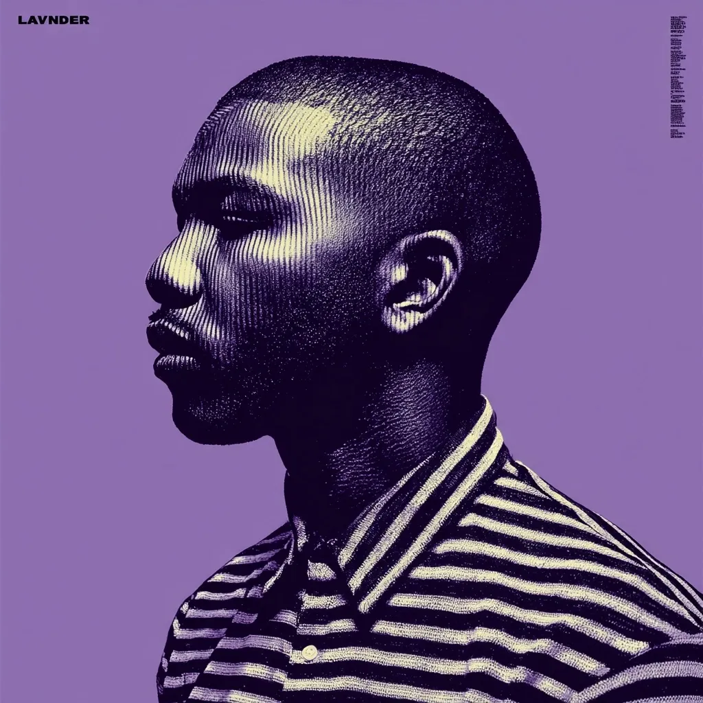 The image is a stylized portrait of a man, possibly Frank Ocean, in profile view.  His head is shaved, and he wears a horizontally striped shirt. The style is reminiscent of a woodcut or screen print, with a stark contrast between dark and light tones. The background is a solid, muted purple.  The word "LAVNDER" appears in the top left corner, suggesting a possible album cover or artwork.  The overall effect is one of minimalist sophistication and graphic power.