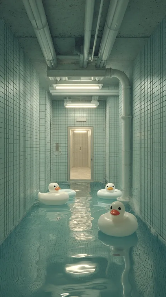 A flooded corridor, tiled in pale teal, features exposed pipes overhead and a distant elevator.  Three white rubber duckies float in the shallow water, creating a surreal and slightly unsettling atmosphere. The calm water reflects the muted lighting of the hallway, enhancing the tranquil yet eerie ambiance.