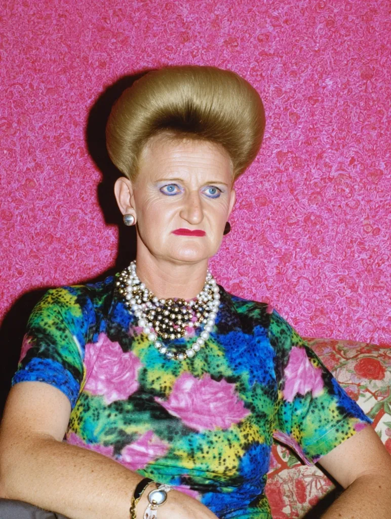 A portrait of a person with a bouffant blonde hairstyle, wearing a vibrant floral shirt and a multi-strand pearl necklace.  The background is a bright pink textured wall. The subject has prominent makeup and a serious expression. The overall style evokes a 1980s aesthetic.