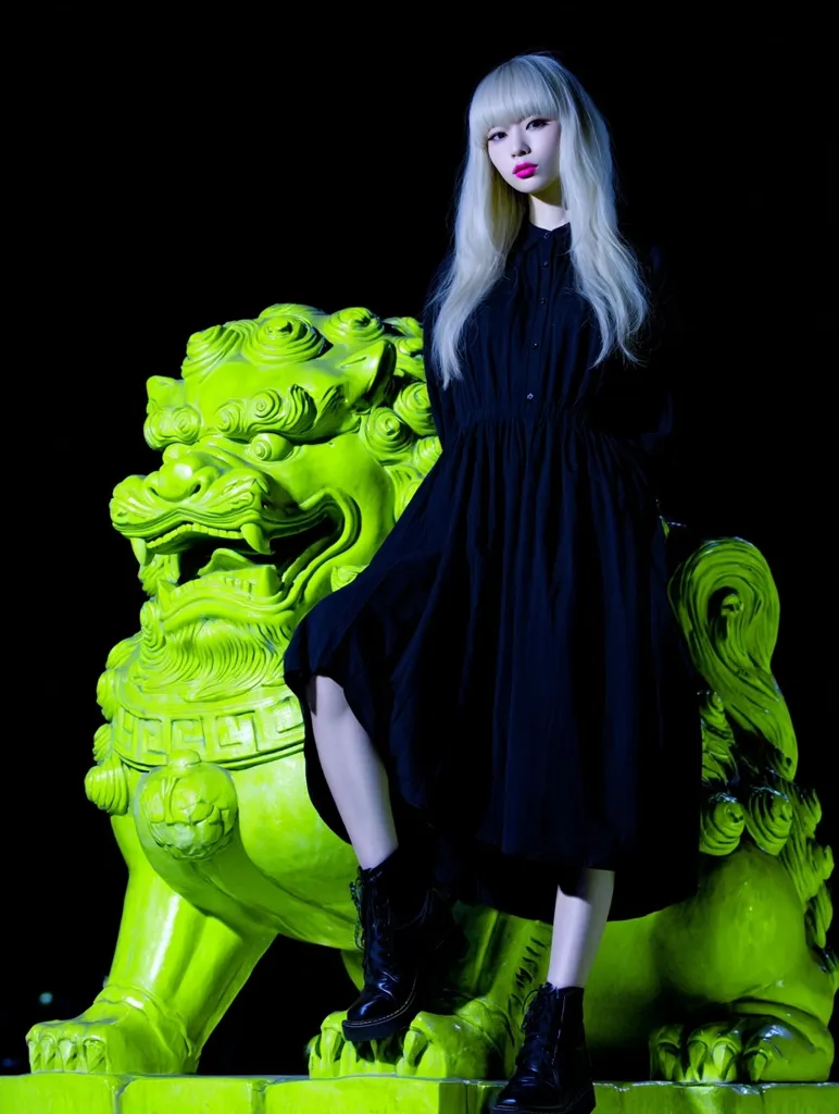 A young woman with long, straight blonde hair and bangs poses confidently. She's dressed in a simple black dress and black combat boots.  She sits perched atop a vibrant lime green, stylized stone lion, creating a striking contrast between the dark clothing and the bright sculpture. The background is completely black, focusing all attention on the model and the sculpture.