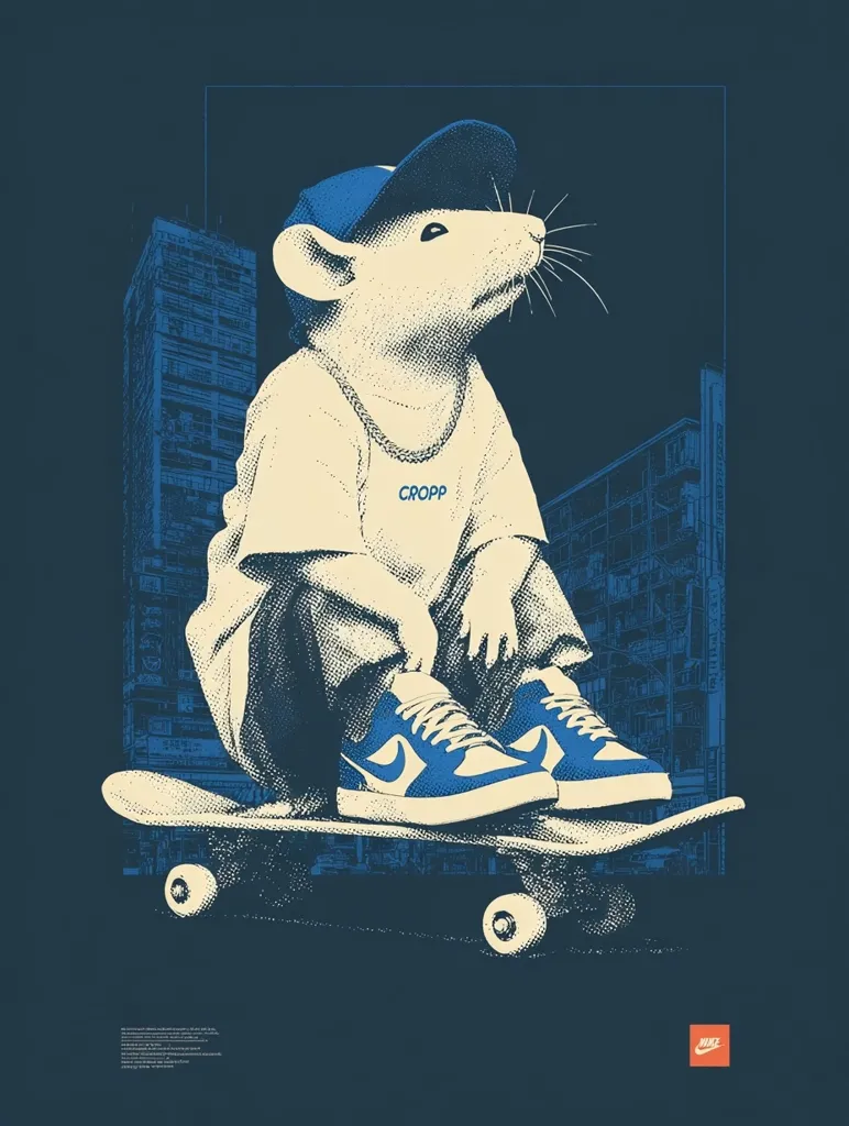 A stylish rat, wearing a blue baseball cap, cream-colored shirt with "CROPP" emblazoned on it, and blue Nike sneakers, sits on a skateboard. The backdrop features a cityscape in shades of blue, creating a visually striking contrast. The illustration is rendered in a vintage, halftone style, suggesting a blend of street art and retro aesthetics.  The Nike logo is subtly placed in the bottom right corner.