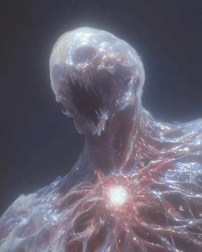 The image depicts a surreal, translucent humanoid figure. Its skin appears membranous and reveals an inner structure of glowing red and white veins, converging at a bright core in its chest.  The figure's head is skeletal, partially obscured by the diaphanous flesh, giving it a grotesque yet ethereal quality. The overall aesthetic is otherworldly and somewhat unsettling, combining elements of horror and beauty.